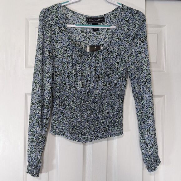Polly & Esther Ditsy Floral Smocked L Large Long Sleeve Rayon Shirt Top NWT New - Picture 2 of 9